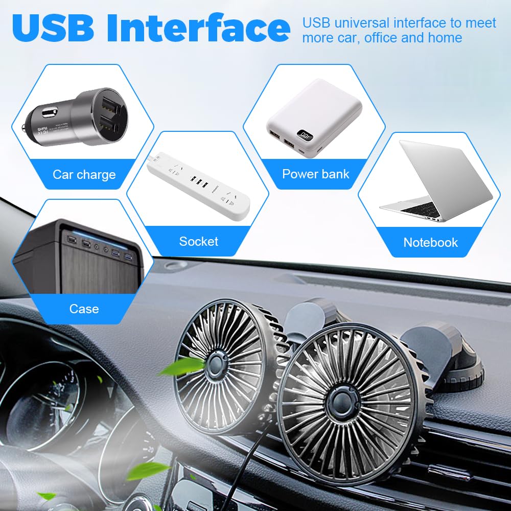 Ventilateur Auto, Ventilateur Voiture USB, 3 Niveaux Ventilateurs De Voiture à Double, VentilateurVoiture Refroidissement Avec Réglable à 360 °, Pour Camion, Camionnette, SUV, Camping-Car