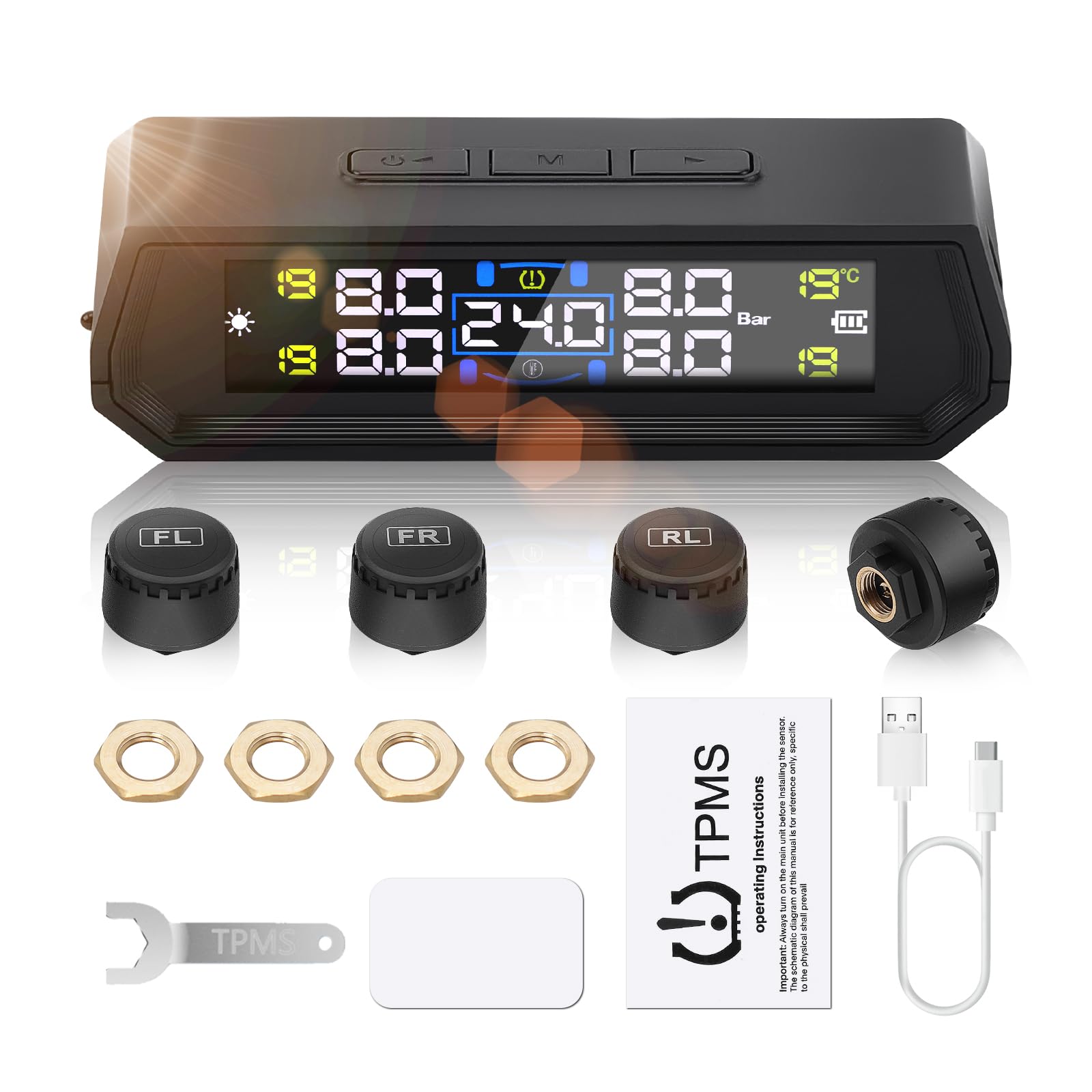 Sistema di controllo della pressione dei pneumatici 0-72 PSI 0-5 Bar TPMS con energia solare e USB, 4 sensori di pressione dei pneumatici esterni per la pressione dei pneumatici, universale