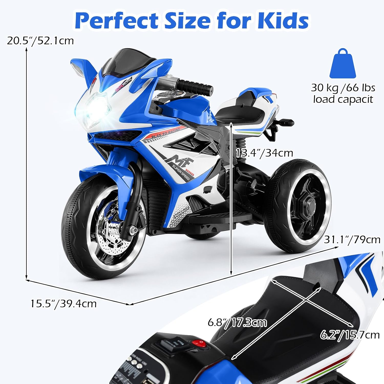 Image showing the dimensions of the OLAKIDS 6V Kids Motorcycle: 31.1 inches L x 15.5 inches W x 20.5 inches H, with a seat height of 13.4 inches and seat dimensions of 6.8 inches L x 6.2 inches W. It also indicates a 30 kg / 66 lbs load capacity.