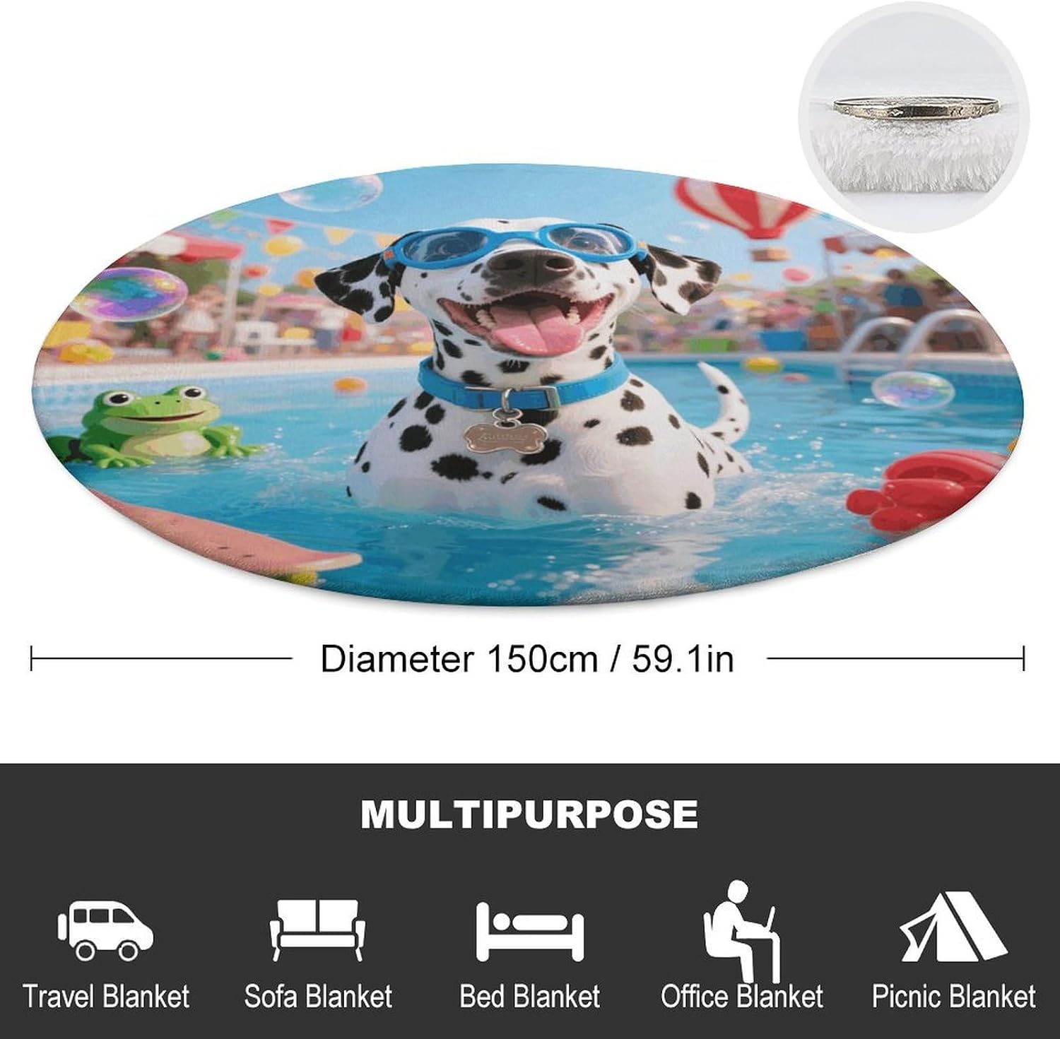 Dalmatian Pool Jubilee Throw Blanket Round Beach Towel | 59.1 Inch Circular Flannel blanket Large Soft Beach Blanket Lightweight Foldable Beach Towel Throw for Daily Leisure Use