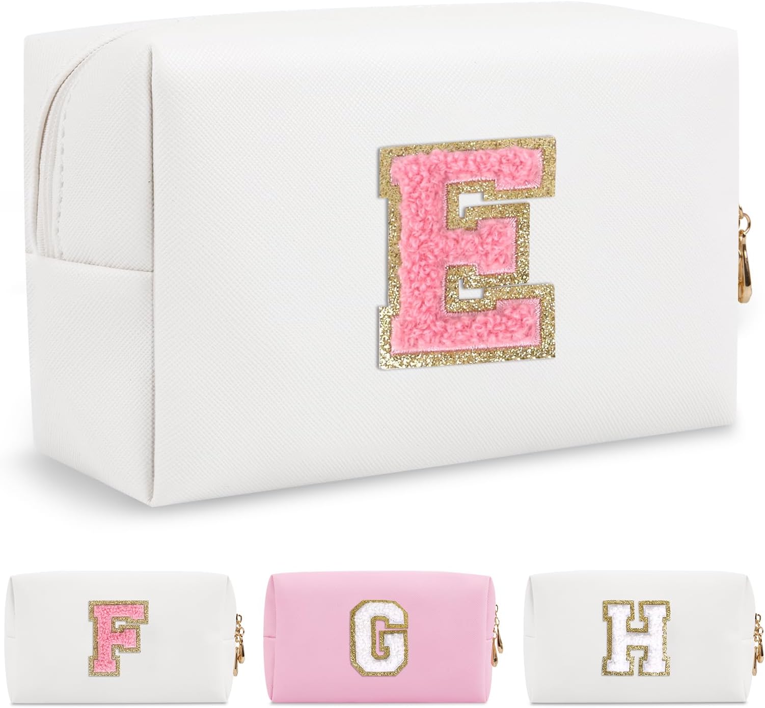 ChaoGreat Personalized Makeup Bag Initial A-Z Preppy Patch Bag,Waterproof PU Leather Travel Cosmetic Bag Pouch with Zipper,Cute Toiletry Organizer Bag,Gift Ideal for Women Birthday Friend Mom, White,Pink-E