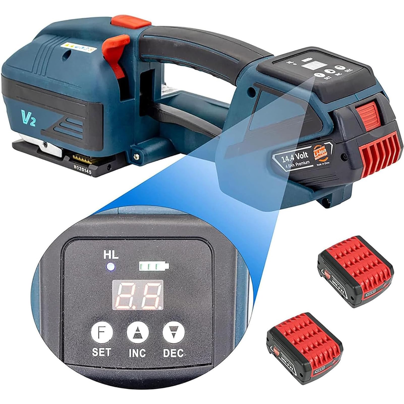 Pressa elettrica per Nastri in PP Pet da 1/2 a 5/8 di Pollice, con 2 batterie da 4000mAh, Strumento di reggiatura e imballaggio Automatico, pressa Portatile per vassoi di Cartone,2Battery