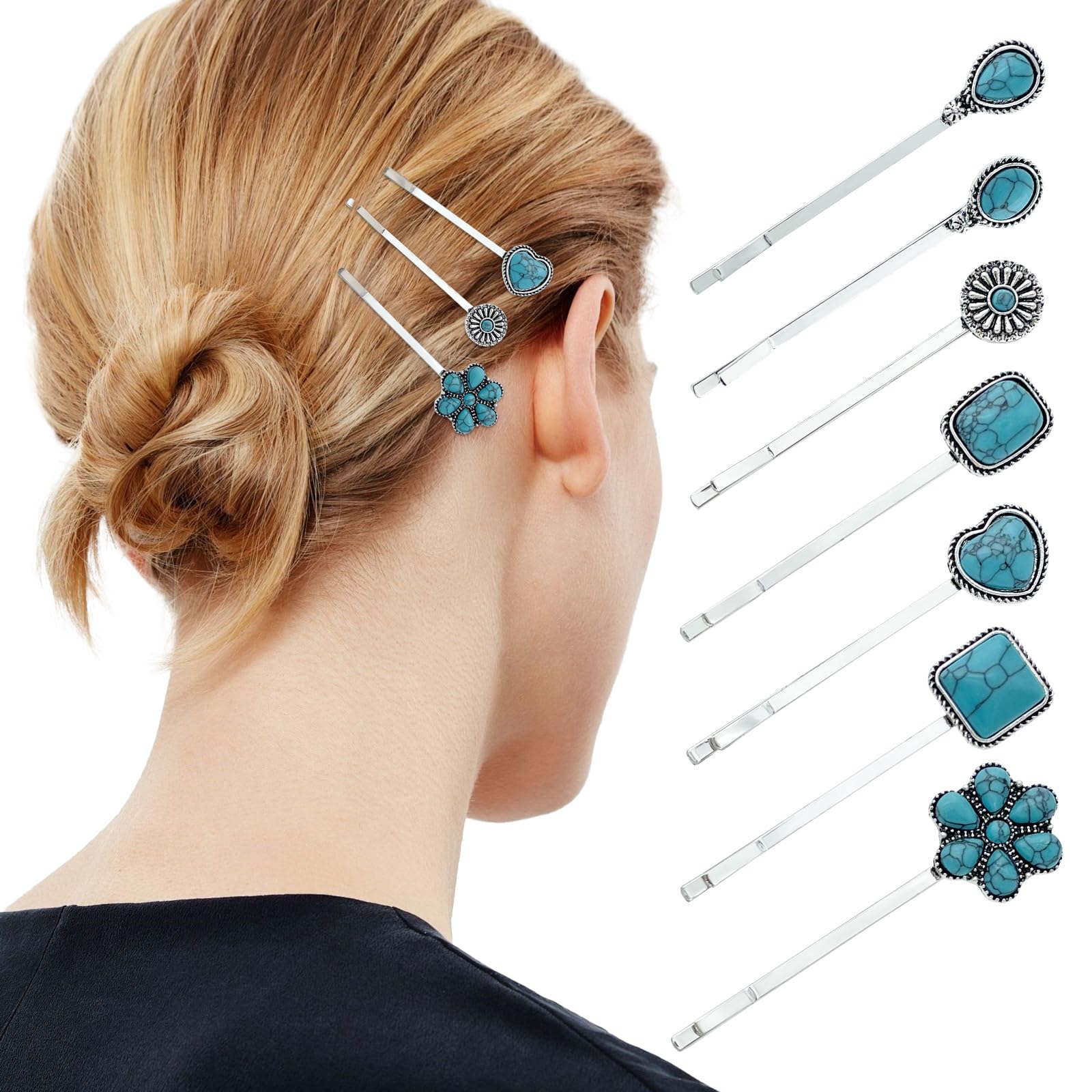 7PCS Turquoise Retro Decorative Bobby Pins Western Silver Metal Hair Clips Vintage Hair Pins Boho Hair Barrettes Headwear Styling Tools Hair Accessories for Women Girls