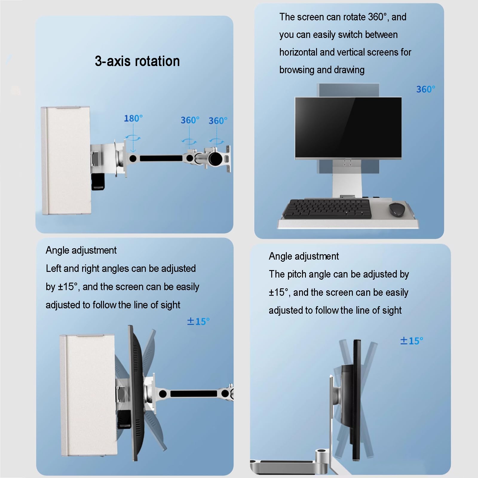Support de bureau pour moniteur assis-debout avec plateau de clavier de 61 cm, bras articulé à mouvement complet, avec gestion des câbles, capacité de charge 8 kg, convient aux écrans de 17