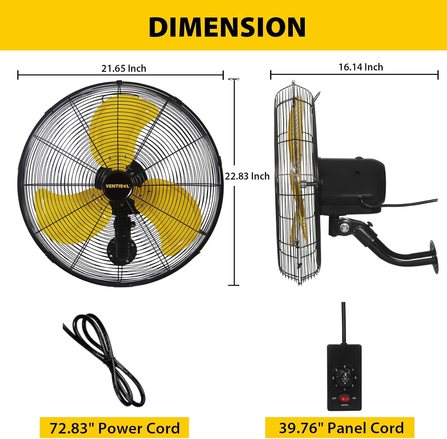 Diagram showing the dimensions of the VENTISOL 20-inch wall mount fan and its components, including the fan head, power cord, and control panel cord.