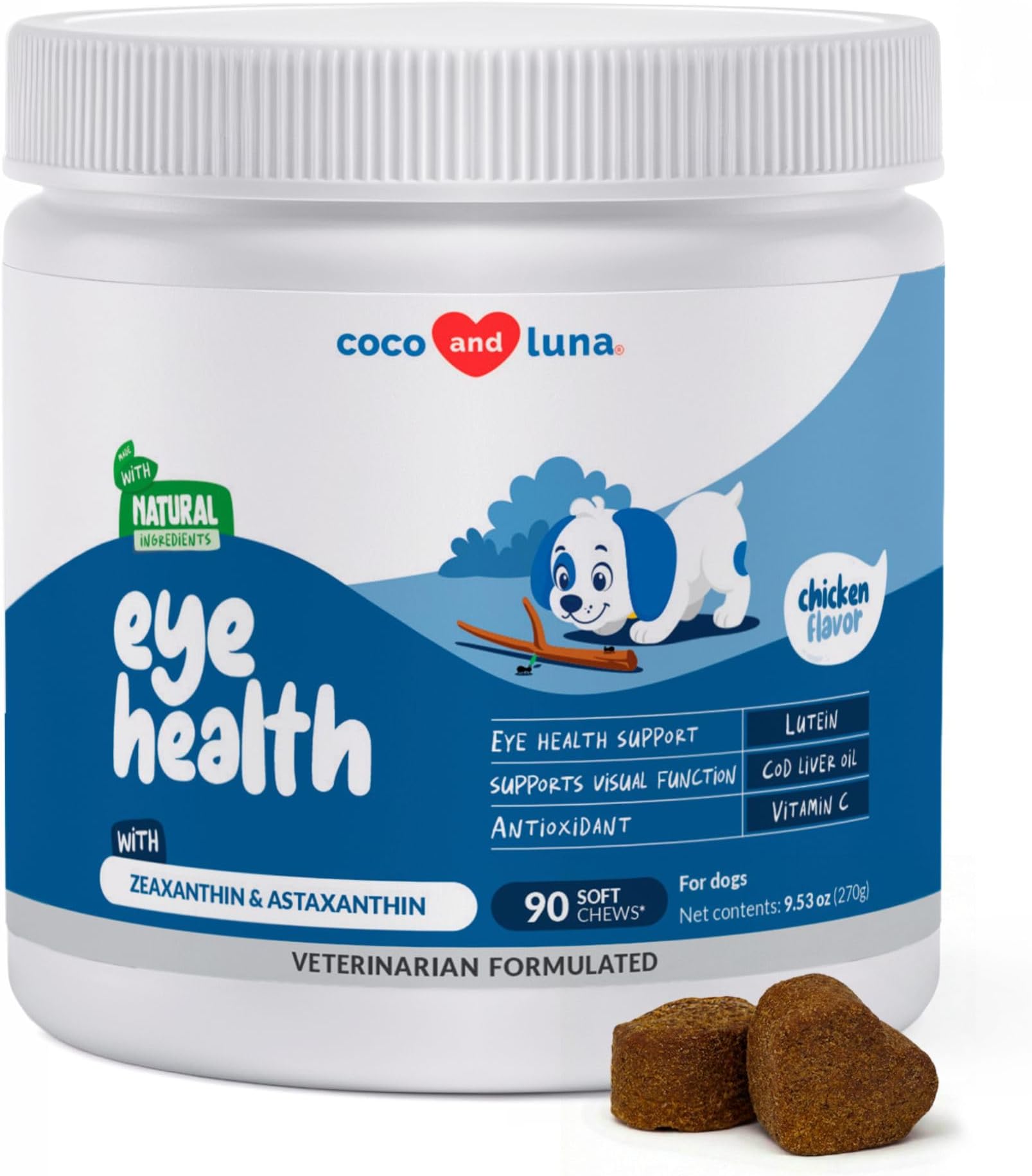 Eye Support for Dogs - 90 Soft Chews - Dog Supplements for Vision, Eye Vitamins for Dogs, with Cod Liver Oil Antioxidant, Dog Omega Supplement, Omega 3 EPA and DHA Fatty Acids.