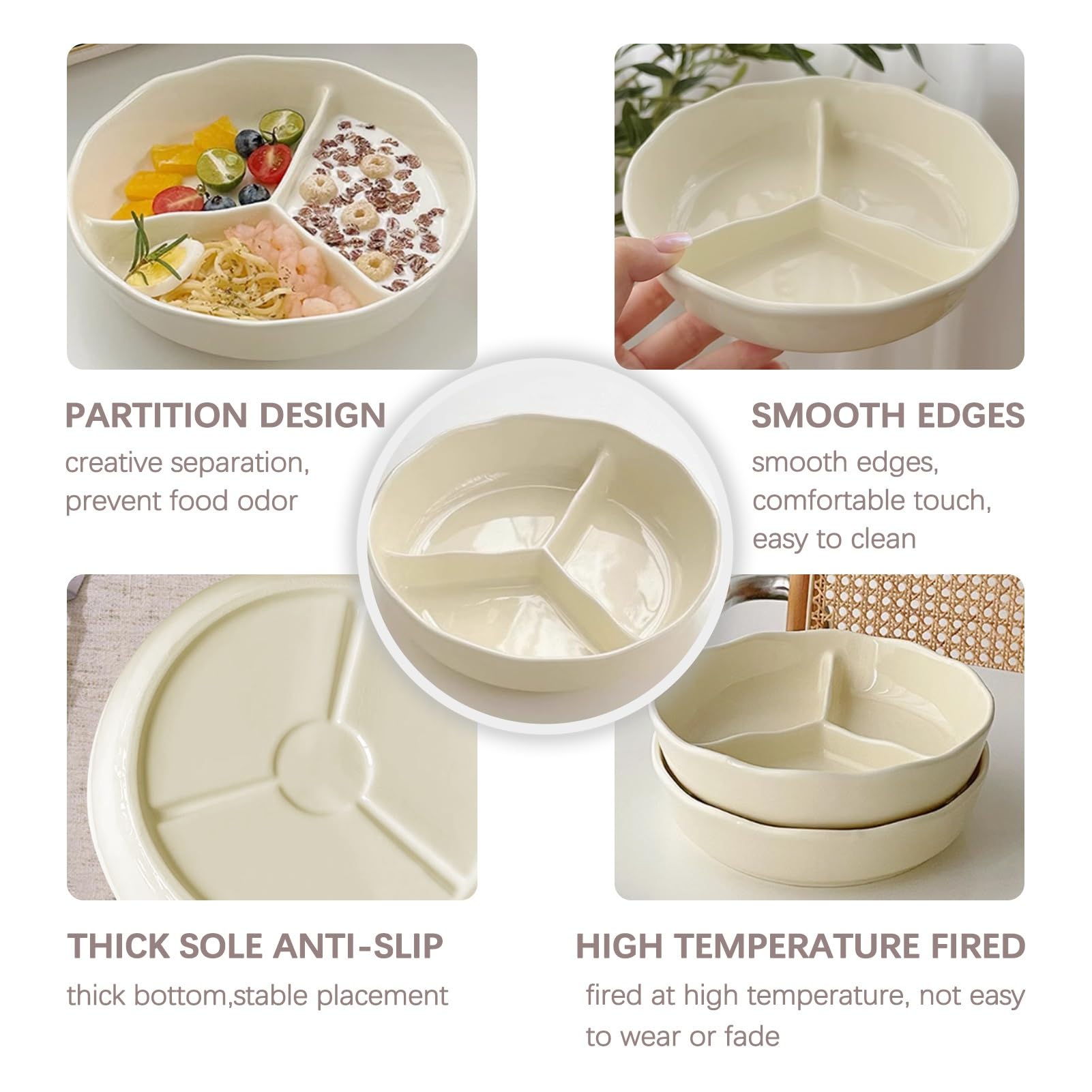 Lot de 3 assiettes divisées – Plateau de service réutilisable en céramique avec 3 compartiments, passe au micro-ondes et au lave-vaisselle, plateau de contrôle des portions de 20,3 cm, pour adultes