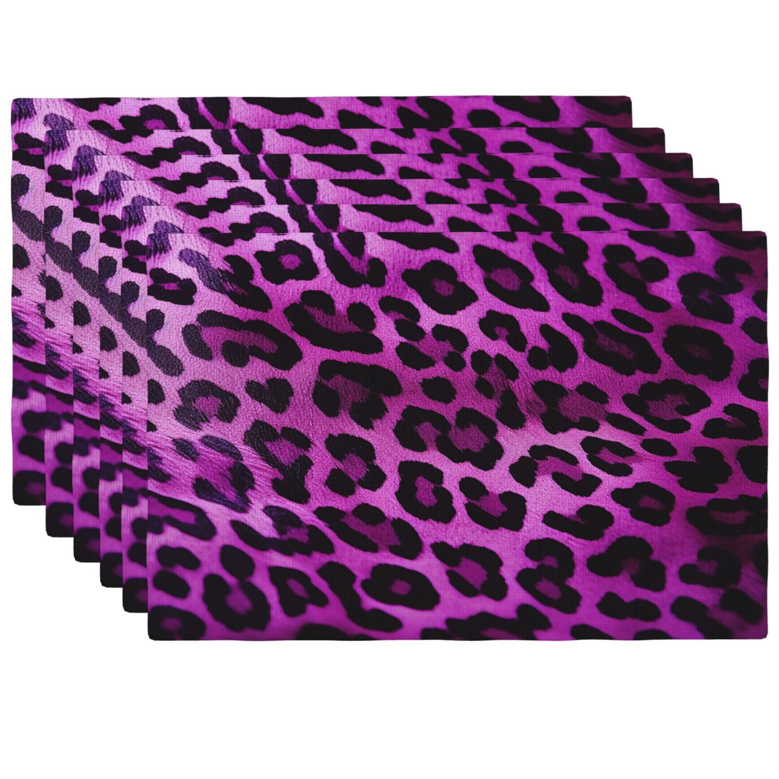 Set de table lavable et thermorésistant en imitation lin violet léopard pour protection anti-tache