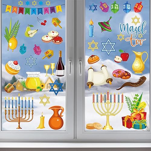 Hanukkah - Calcomanías de ventana de cristal para decoración de menorá y Dreidel, 9 hojas de calcomanías estáticas de Janucá para ventana de aula,