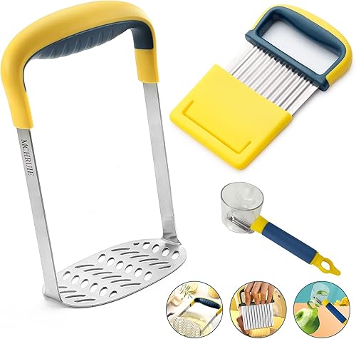 Kit de triturador de papas de 3 piezas, cortador de arrugas y pelador de papas, triturador de papas resistente, cuchillo de corte arrugado de acero