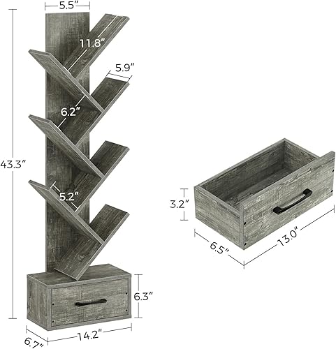Miniatura 3 de Rolanstar Estantería con cajón de madera, estantería de árbol de 7 estantes, almacenamiento moderno para libros, estantería de árbol de pie,