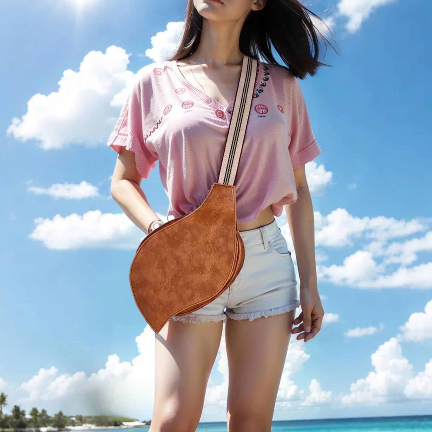 Women's Small Cute leaf Shaped Vegan Leather Crossbody Purse Bag with Strap & Zipper - Image 7