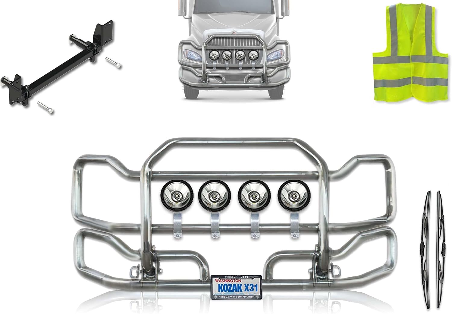 Chrome Front Grille Deer Moose Brush Bumper Guard Large Compatible with INTERNATIONAL PROSTAR (plastic bumper) 2008+ Plus Bracket, Logo, 4X 6” LED Lights, Wipers, License Plate Holder and Frame, Vest