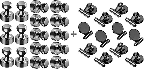 Paquete de 16 imanes magnéticos negros para refrigerador y 12 clips magnéticos negros para nevera, clips de imanes para pizarra blanca