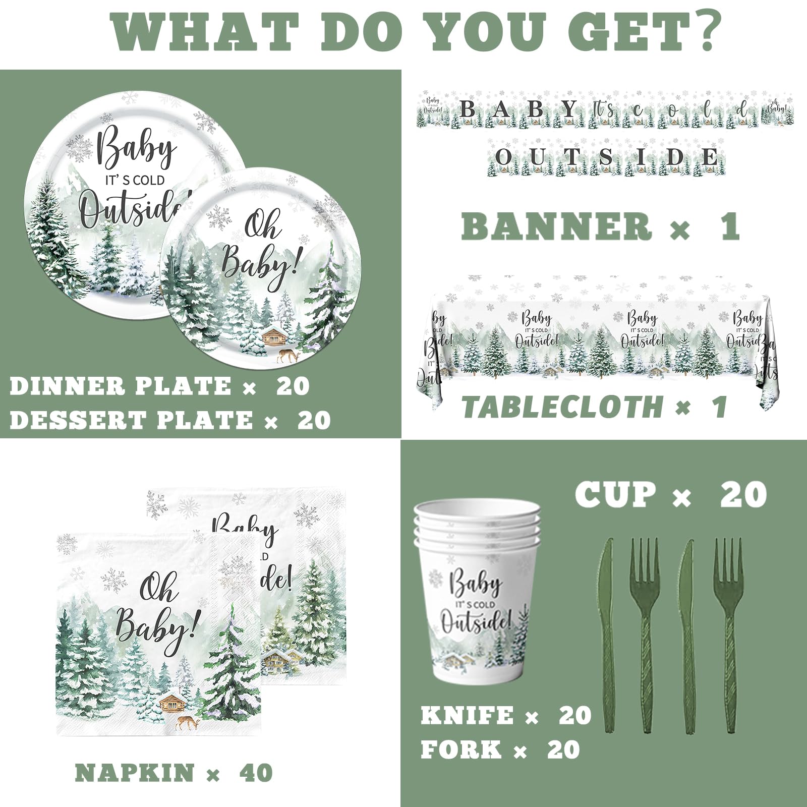 Decoraciones de invierno para baby shower, 142 piezas con texto en inglés "Baby It's Cold Out" para baby shower, platos de bosque, servilletas, mantel, pancarta de revelación de género, decoraciones
