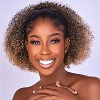 Vista 6 de Extensión de cola de caballo rizada con cordón para mujeres negras, extensiones de cabello sintético corto afro kinkys rizado con dos clips (2#)