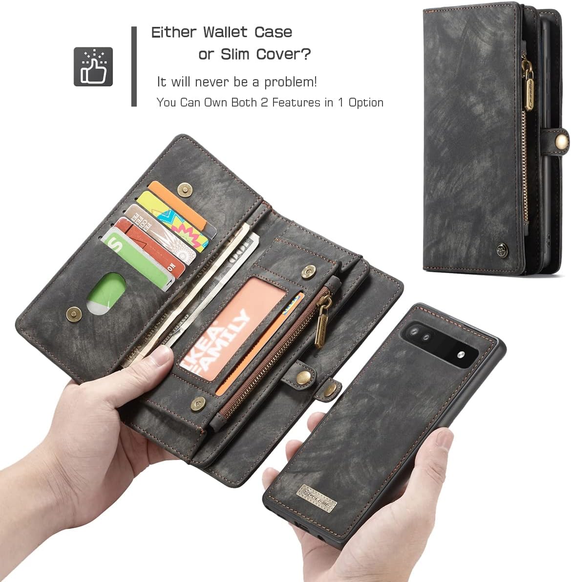 Simicoo Pixel 8 Pro Leather Detachable Wallet Zipper Case with 11 Card Slots Holder Magnetic Case for Pixel 8 Pro Flip Wallet Handle Wrist Strap Pocket Handbag(Black)