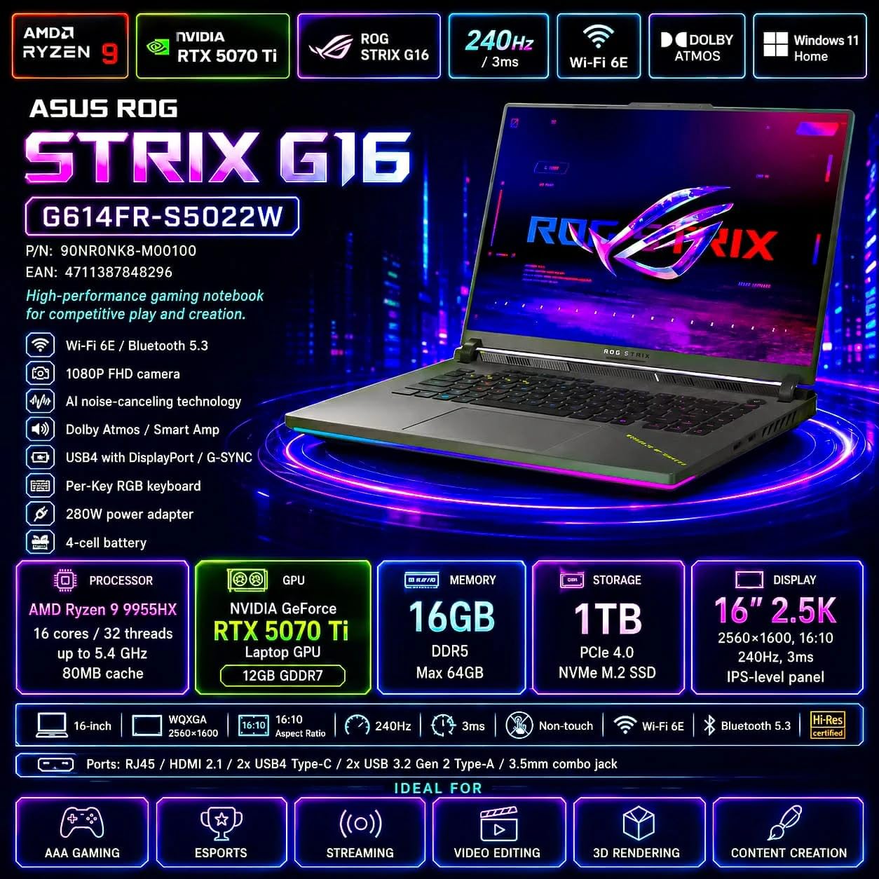 ASUS ROG Strix G16 G614FR-S5022W AMD Ryzen 9 9955HX 16GB NVIDIA GeForce RTX 5070 Ti SSD 1TB 16'' 2.5K WQXGA Win11 Home