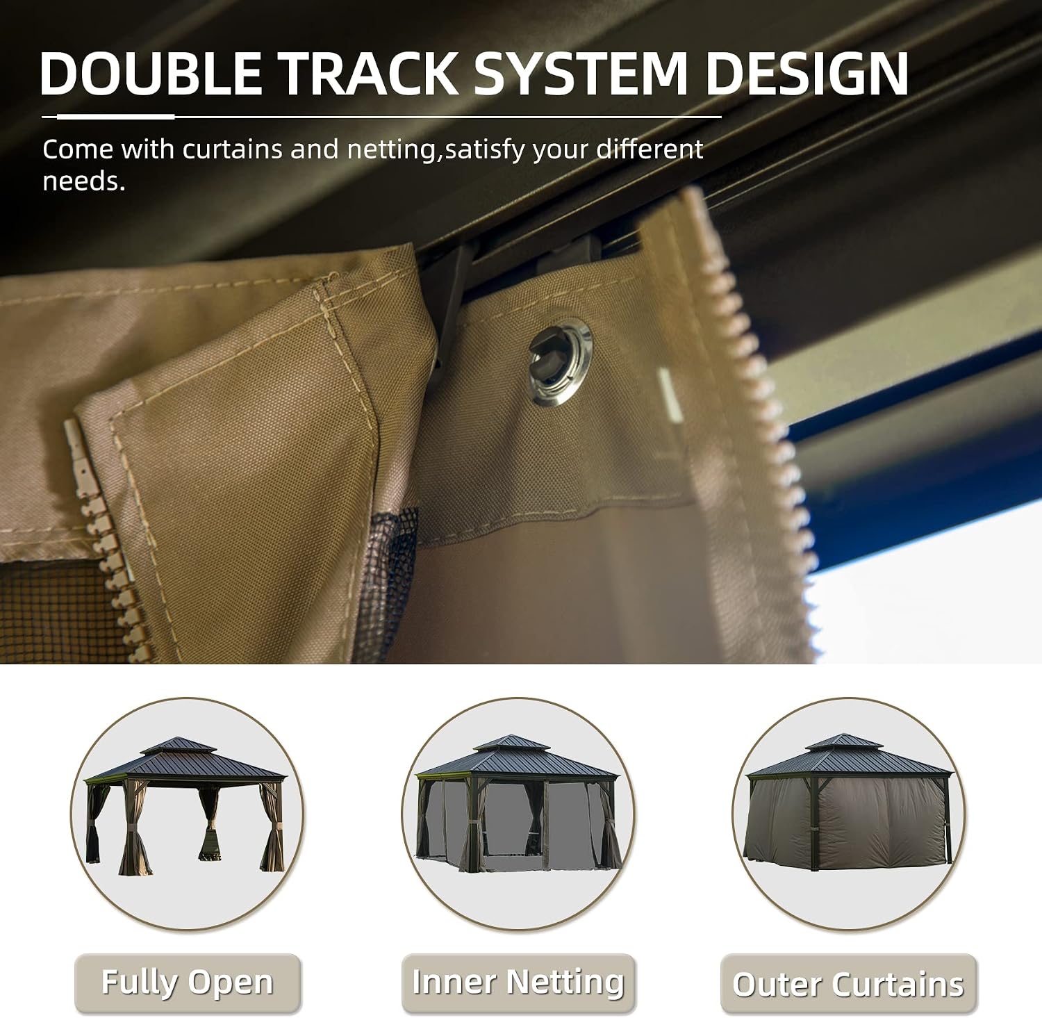 Diagram showing key structural details: triangular structure for sturdiness, anchored design for stability, and aluminum frame for durability.