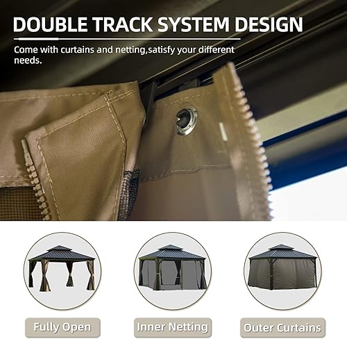 Miniatura 7 de Domi - Cenador permanente de aluminio para exteriores de 12 x 12 pies con techo de acero galvanizado, cortinas y red, para patios, patio trasero,