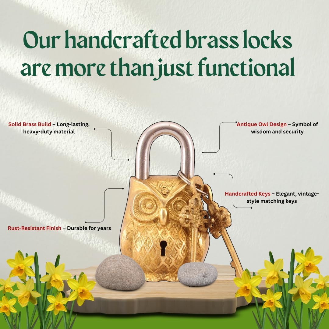 Vintage Owl Brass Padlock with 2 Antique Keys – Handcrafted Decorative Lock for Home, Door, Temple & Gift Purpose