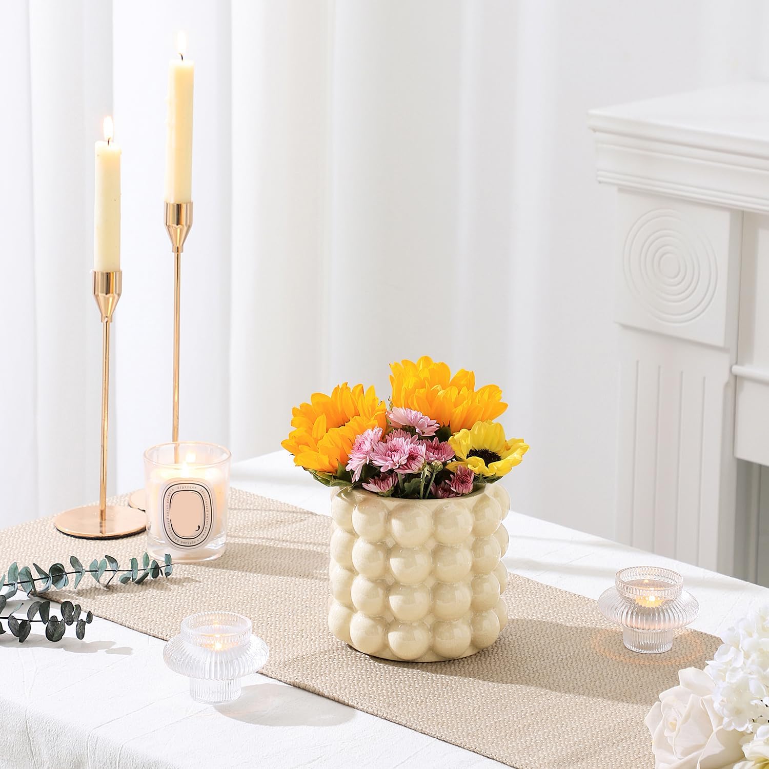 Bubble Vase, Beige Ceramic Vase for Flowers, Short Vases for Boho Decor, Decorative Vases for Flowers, Living Room, Bedroom, Office, Fireplace, Mantel, Coffee Table, 5 Inches