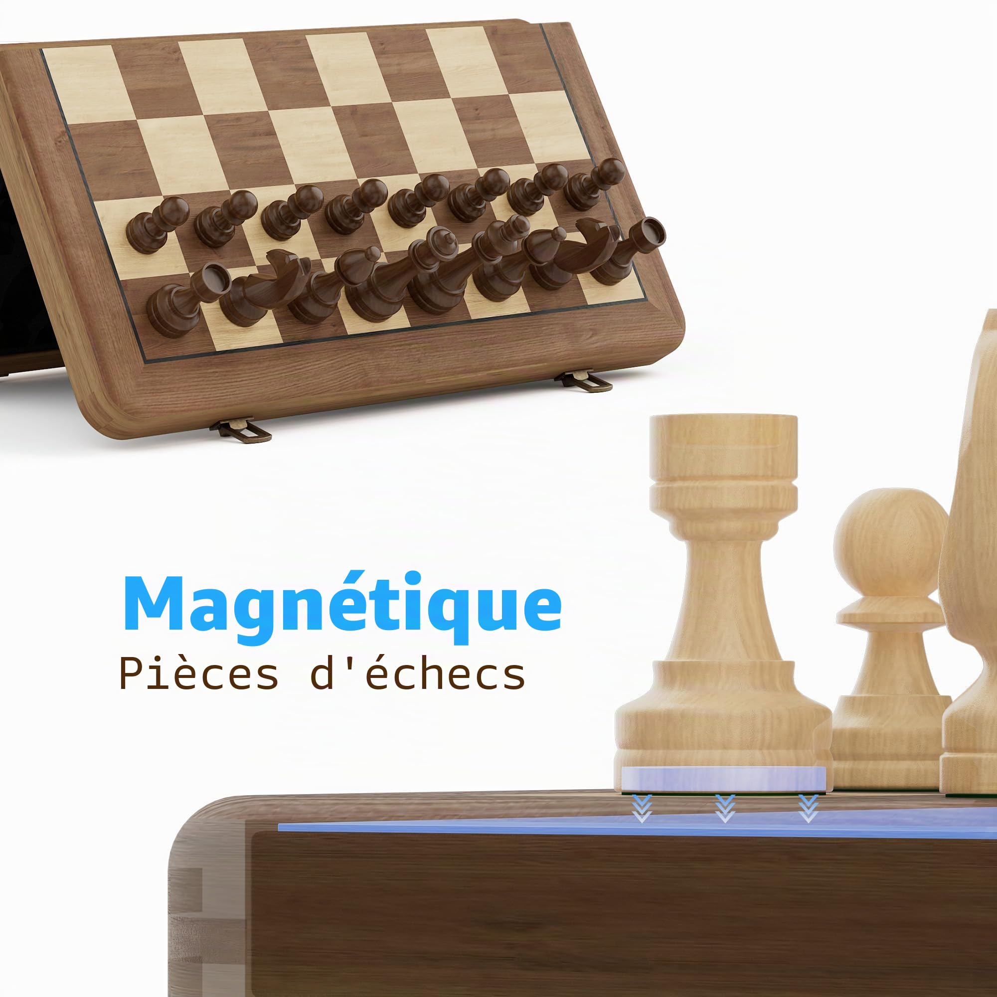 Jeu d'échecs magnétique en bois - Échiquier artisanal avec motif bicolore et boîte de rangement pour adultes et collectionneurs