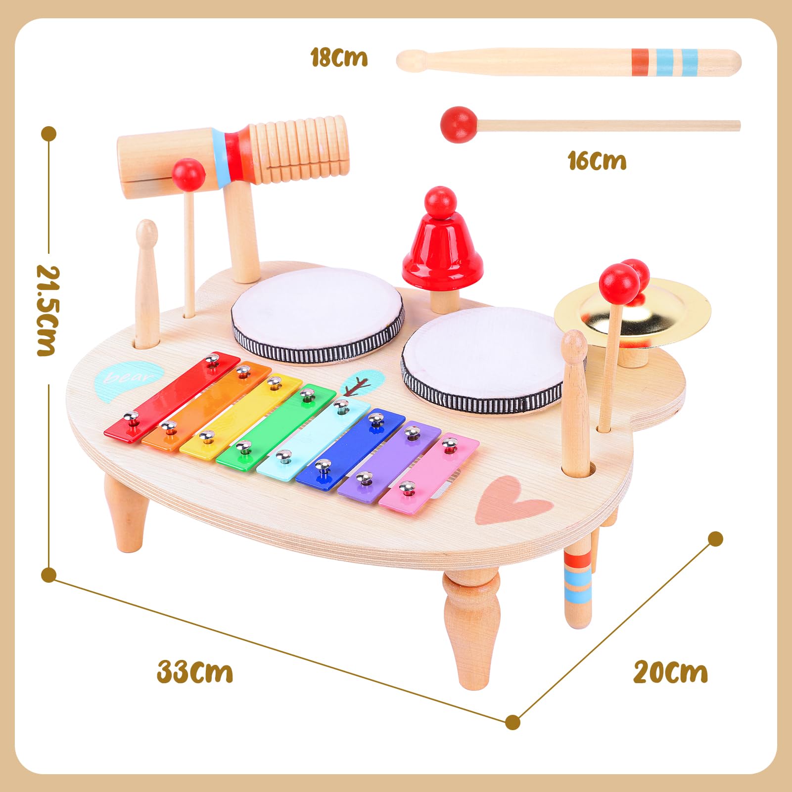 YGJT Strumenti Musicali Batteria per Bambini Tamburo Bambino 1 2 3 4 5 Anni , 10 in 1 Xilofono Giocattolo Musicale Legno,Giochi Montessori 1 anno, Regalo Bambina Bambino per Compleanno,Natale,Pasqua
