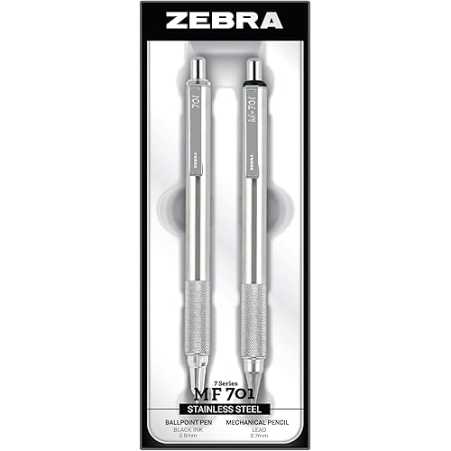Zebra Pen M/F 701 Stainless Steel Mechanical Pencil and Ballpoint Pen Set, Fine Point, HB Lead and Black Ink, Ideal for Tactical Use, 2-Pack Gift Set (10519)