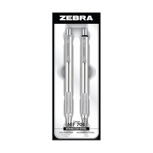 Zebra Pen M/F 701 Stainless Steel Mechanical Pencil and Ballpoint Pen Set, Fine Point, 0.7mm HB Lead and 0.8mm Black Ink, 2-Count Gift Set, Silver (10519)