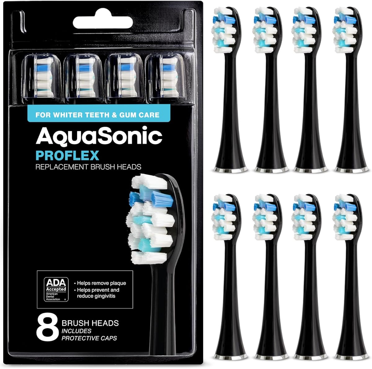 AquaSonic Genuine Proflex Replacement Brush Heads | ADA Accepted | for Whiter Teeth & Gum Care | Compatible with Many AquaSonic Toothbrush Handles (8 Pack Black)