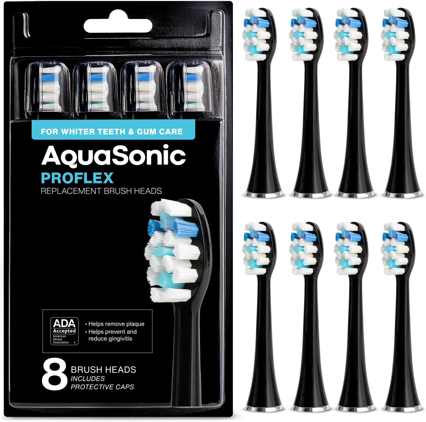 AquaSonic Genuine Proflex Replacement Brush Heads | ADA Accepted | for Whiter Teeth & Gum Care | Compatible with Many AquaSonic Toothbrush Handles (8 Pack Black)