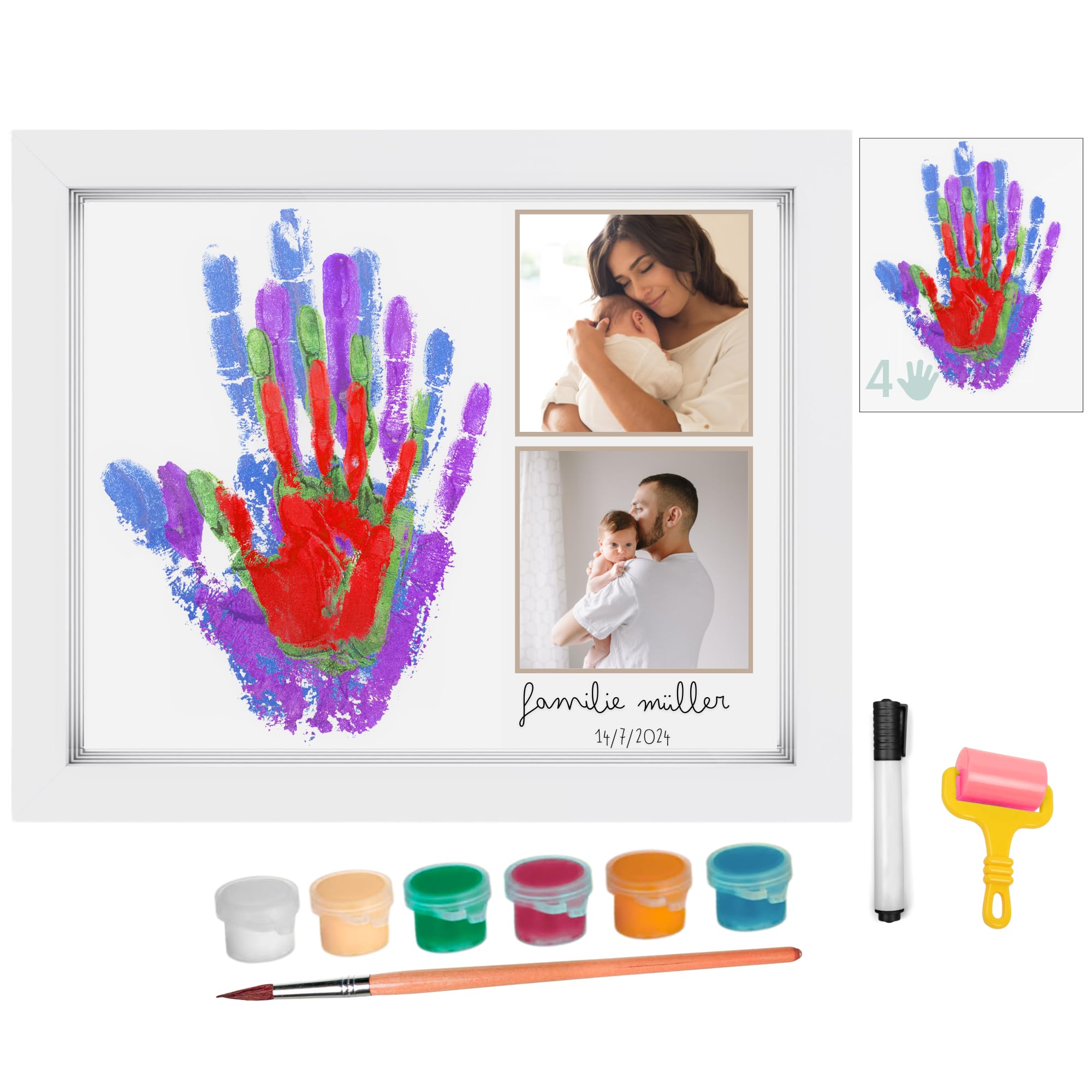 HuBorns - Fußabdruck Baby Set und für die Ganze Familie mit Platz für 4 Familienmitglieder, Rahmen zum Malen Handabdruck Baby, Handabdruck Set Familie, Ideal als Baby Geschenk