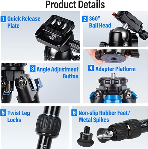 Miniatura 9 de SIRUI AM203 Mini trípode de viaje con cabeza de bola B00K de 360, trípode de aluminio ligero para viajes y uso de mesa, carga máxima de 20