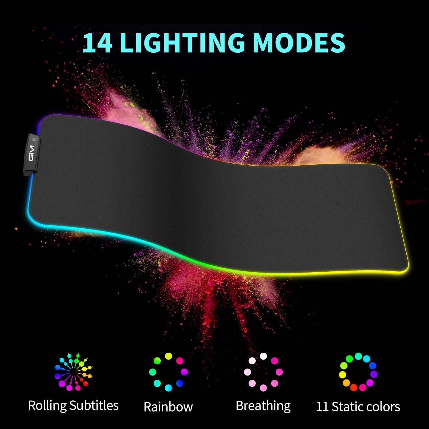 RGB Gaming Mouse Pad, GIM USB Large Extended Led Mouse Pad with 14 Lighting Modes,Computer Keyboard Mouse Mat Waterproof with Anti-Slip Rubber Base for Gamer 31.5 x 12inch