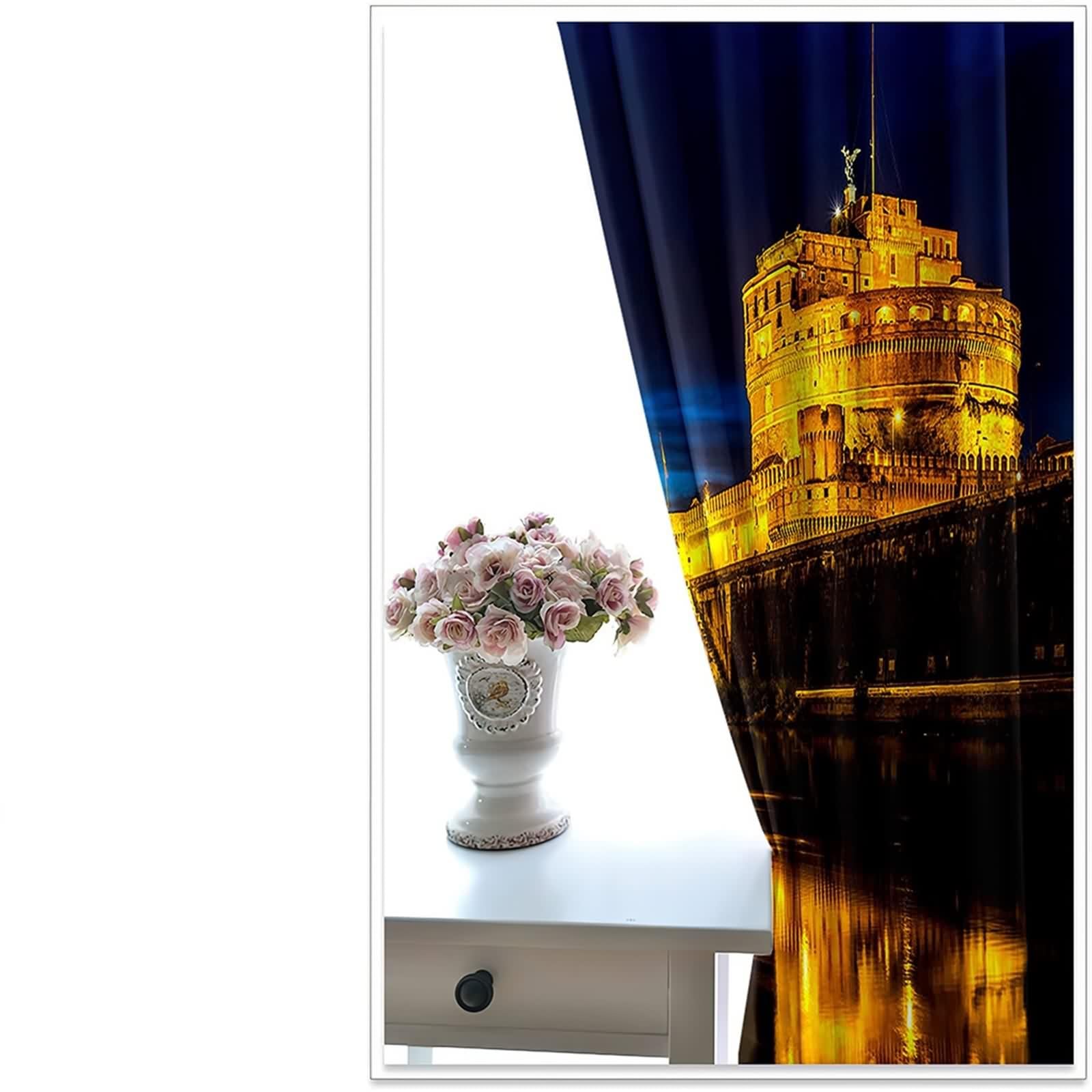 Rideau Fenetre, Rideau Fenetre Chambre Noir Or Bleu Polyester Architecture Ancienne de Style Européen 214L x 229H CM Lot de 2