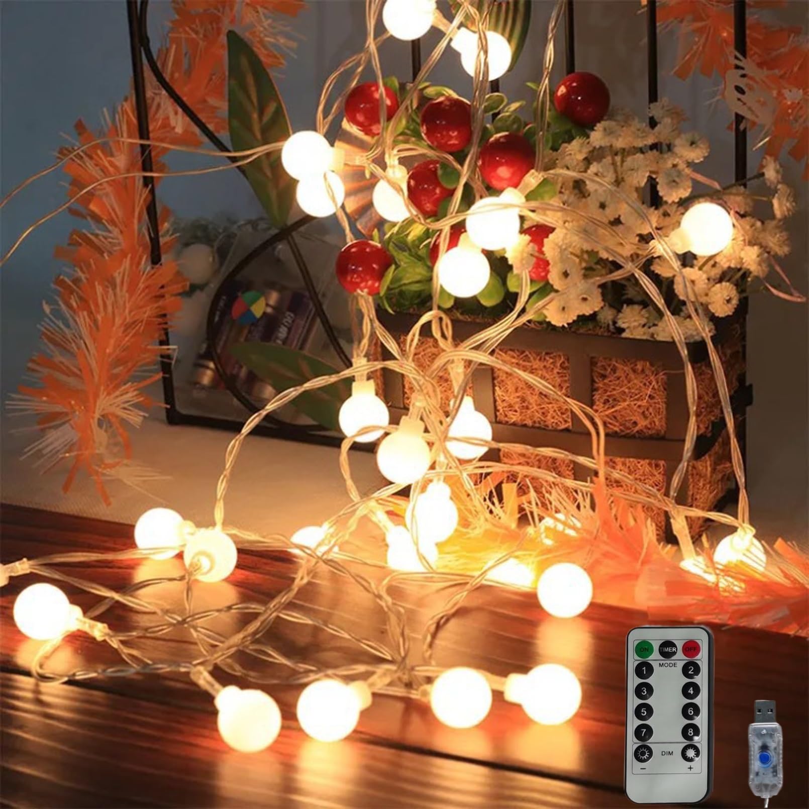 Guirlande lumineuse en forme de globe - 80 LED - Alimentée par USB - Étanche - 8 modes - Avec télécommande - Pour chambre à coucher, fête de Noël, terrasse, jardin, intérieur et mariage