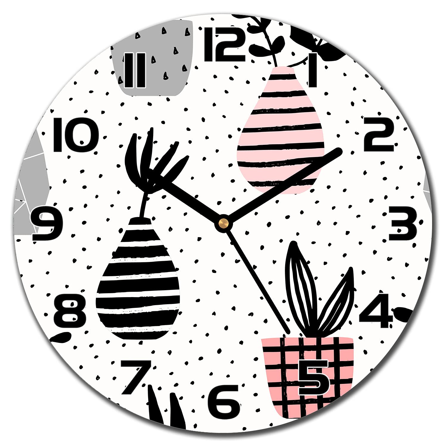 Horloge en verre 30 cm Coloray avec aiguilles noires et motif de pots minimalistes pour mur