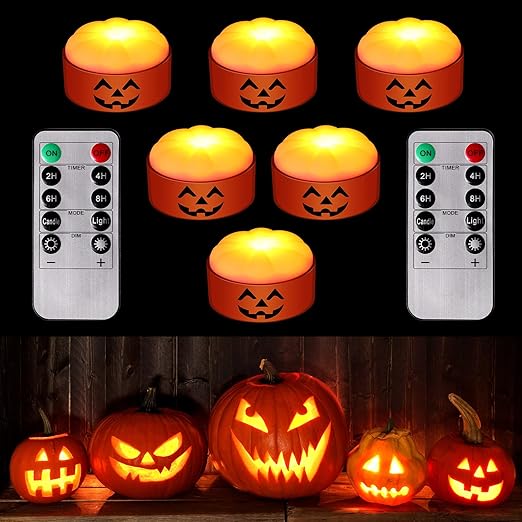 6 Pieces Halloween Bright LED Pumpkin Lights with 2 Remote Control and Timers, Battery Operated Flameless Electric Candles Light up Pumpkins Pat Lights Outdoor Jack O Lantern Decorations, Orange