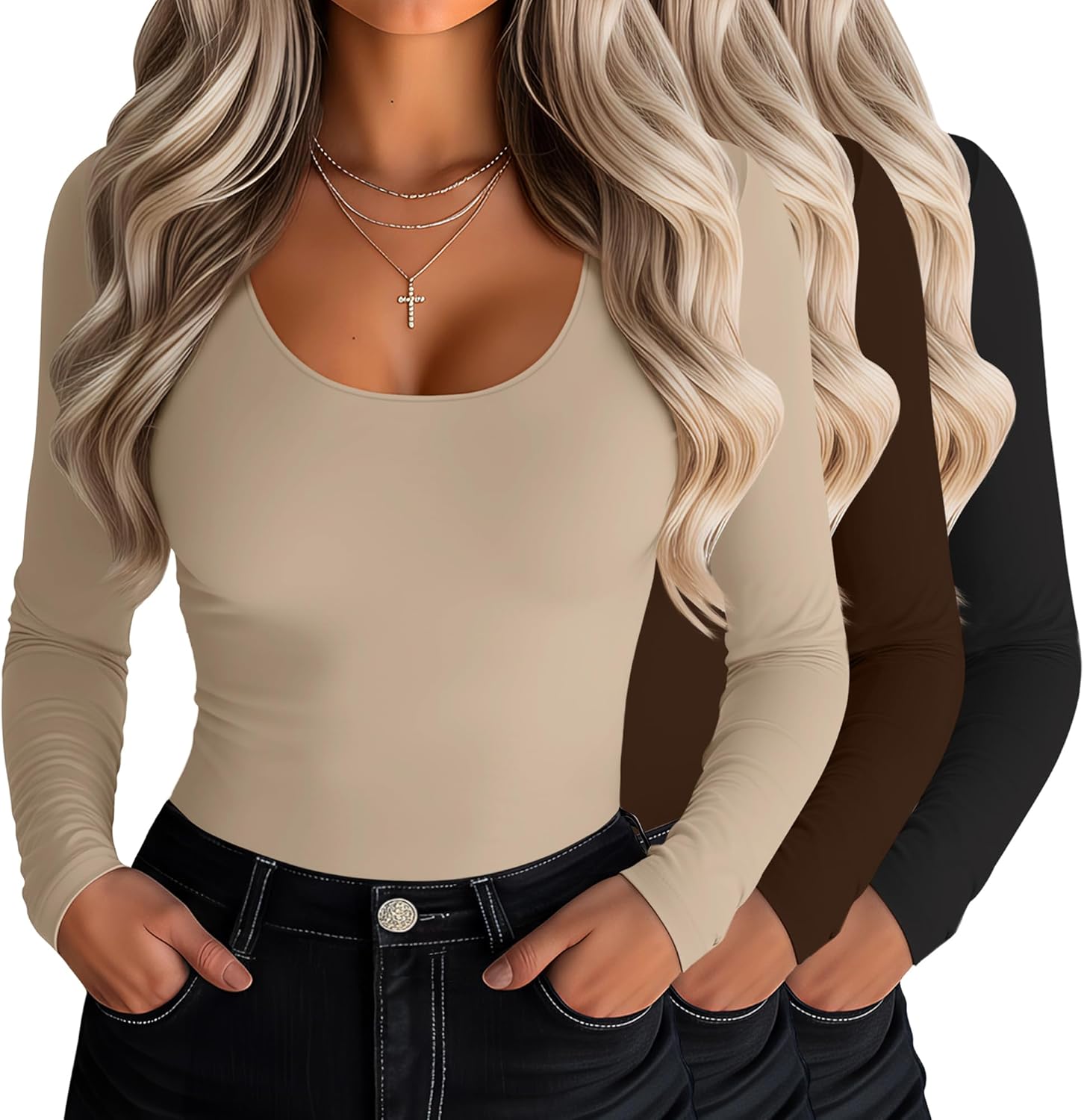 Riyiper 3 Pack Women's Scoop Neck Tops Long Sleeve Slim Fitted Shirts Casual Basic Tunic Fall Trendy Y2k Tight Tees