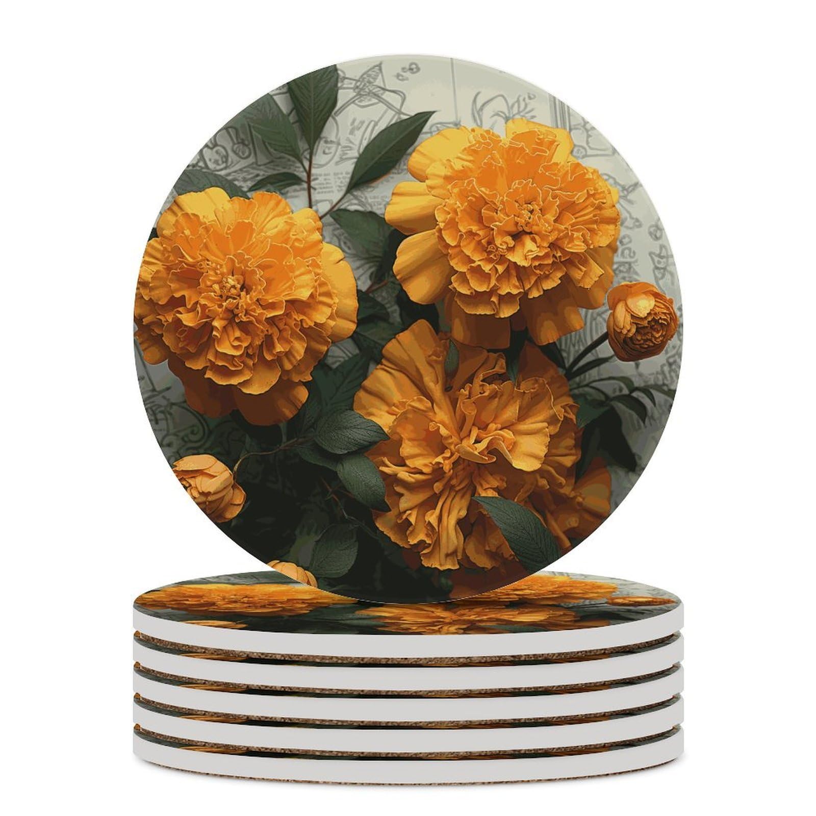 Marigold Coaster with Cork Base Drink Coasters for Coffee Table Decor Modern Cup Coasters with Non-Slip & Heat-Resistant Cute Ceramic Table Coaster for Home Dining
