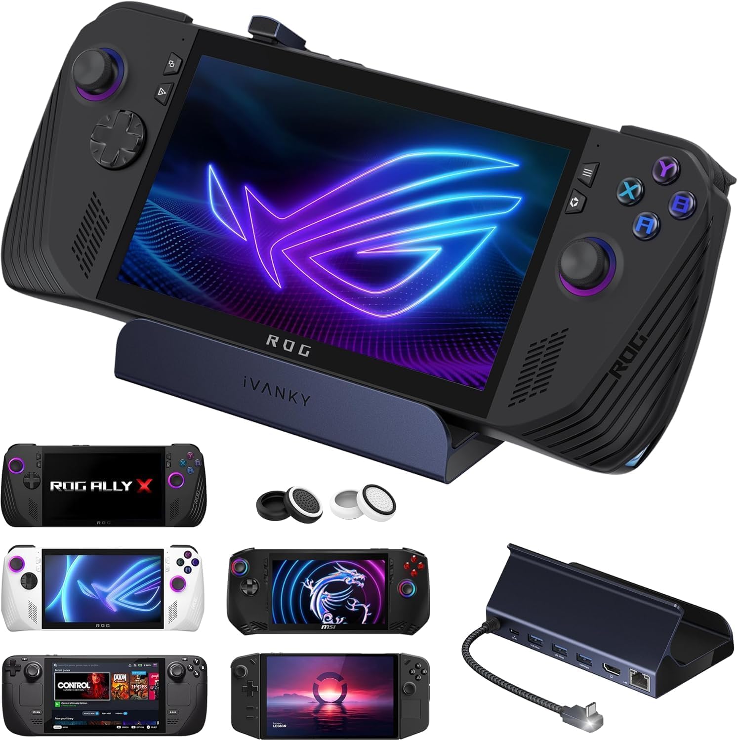 iVANKY 8-in-1 ROG Ally Dock con HDMI 2.1 4K@144Hz, 3*USB-A 3.0, Carica USB-C da 100W, Ethernet da 1Gbps, Docking Station Compatibile con ASUS ROG Alloy X/Lenovo Legion go/Valve Steam Deck OLED