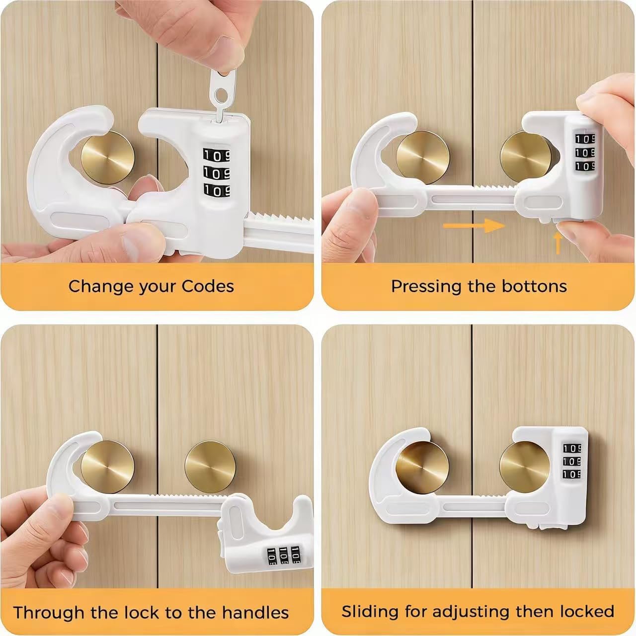 4 Pack Cabinet Locks with Combination Baby Proof Cabinet Door Lock Multifunctional Adjustable Child Safety Lock Knobs Door Lock for Knob Handle (White)