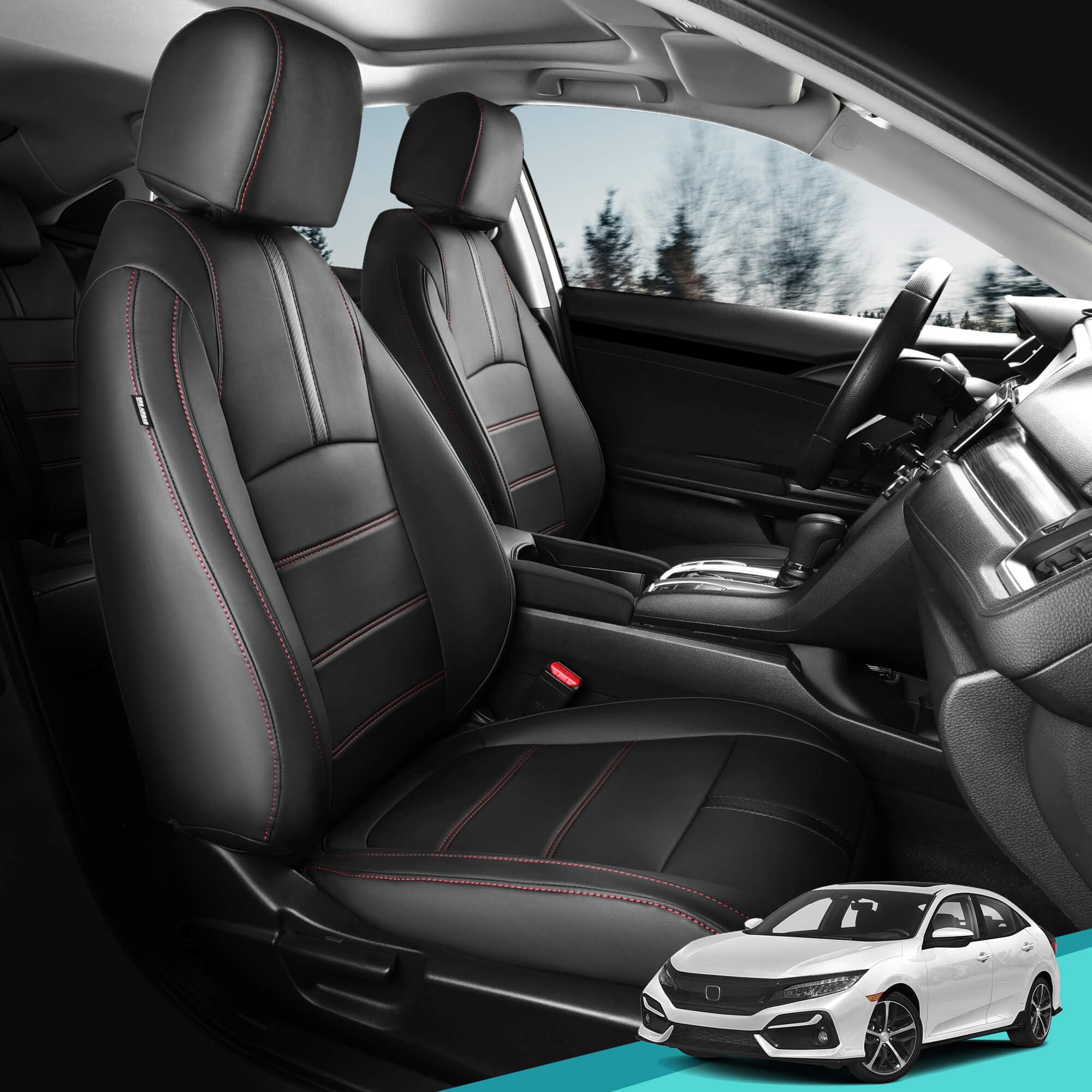 Seat Covers for Honda Civic hatchback EX, sport touring, EXL 2016 2017 2018 2019 2020 2021, Leather Car Seats Cover Full Set for car, BlackRed Line