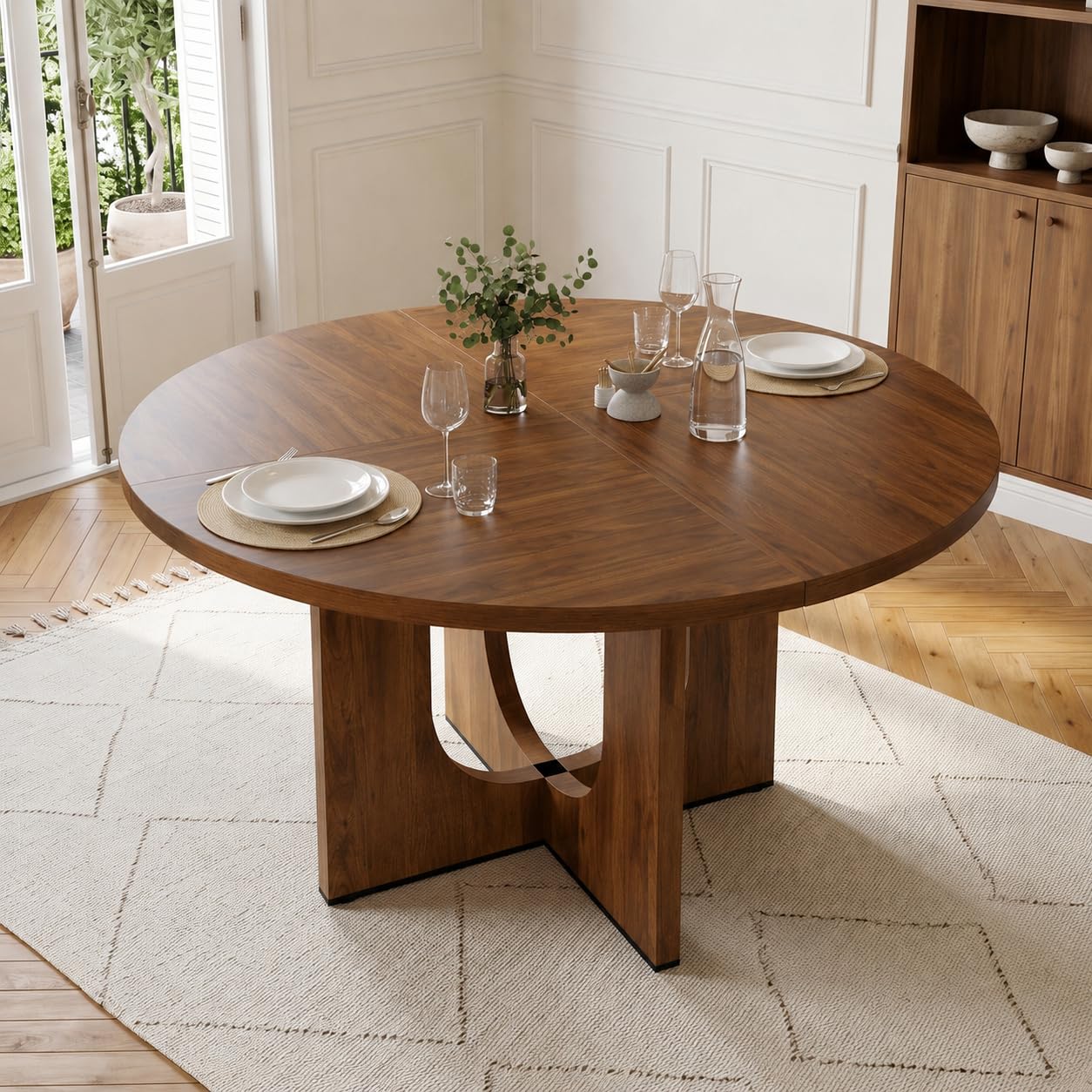 FammyLoft 4-6 Seater Round Dining Table, Wooden Kitchen Table, Walnut