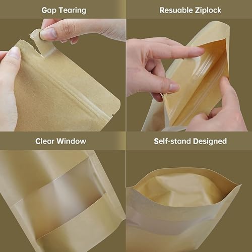 Miniatura 3 de ODDIER 120 bolsas de papel kraft de 3.5 x 5.5 pulgadas con cierre de cremallera de ventana, bolsas resellables, bolsas de mylar a prueba de olores
