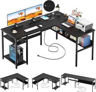 Unikito Reversible L-Shaped Desk with Power Outlets, USB Ports & Storage Shelves - Black Gaming Home Office Corner Desk