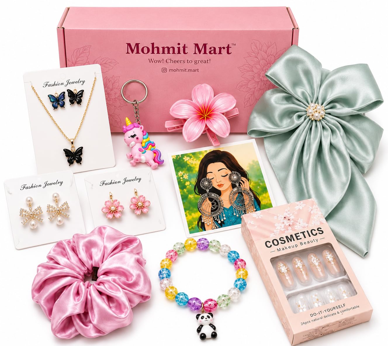 Girls Fashion Accessories teues Gift Hamper Box | Korean Style Jewellery, Hair Bow, Scrunchie, Bracelet, Earrings, Nail Tips & Cute Accessories Combo for Women & Girls