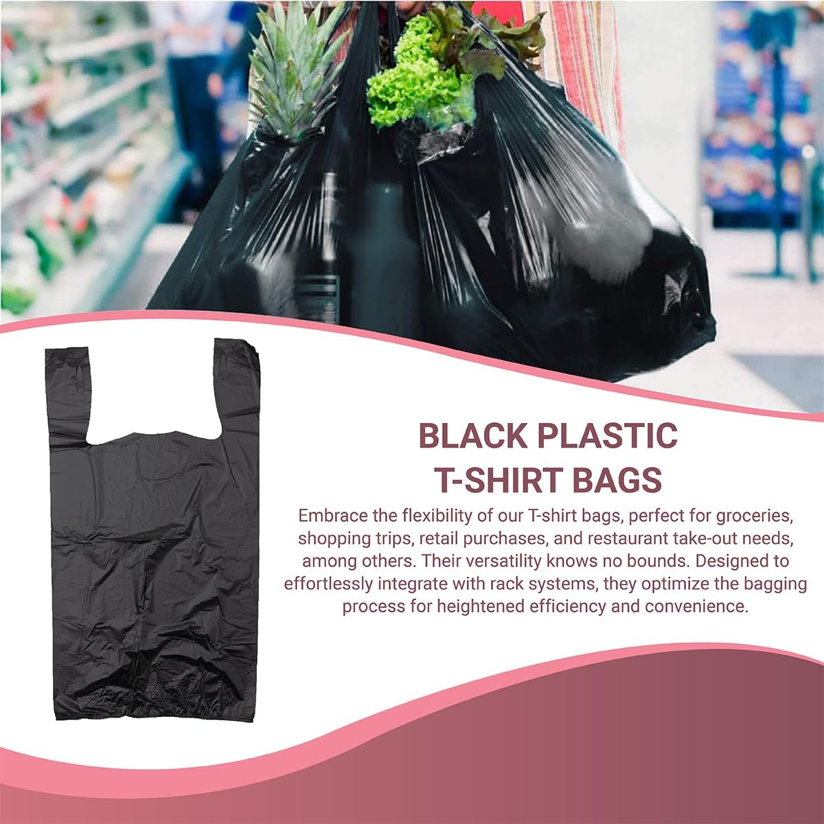 Black T-Shirt Bags – 2000 Count | Heavy Duty Plastic Bag in Bulk (15" x 7" x 5") | Thick Plastic Grocery Bags for Retail, Takeout & Convenience Stores, Durable & Tear-Resistant