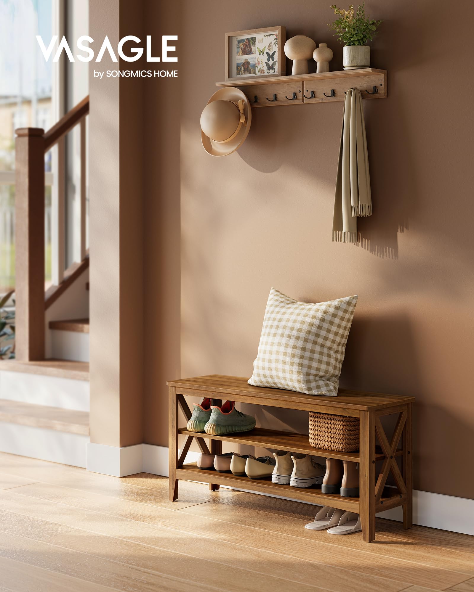 VASAGLE Schuhbank, Sitzbank mit Schuhregal, Flurbank, 2 Schuhablagen, 30 x 100 x 48 cm, hält bis zu 272 kg, Landhausstil, für Wohnzimmer, Schlafzimmer, honigbraun LSB153K41